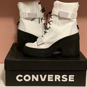 Converse White and Black Lace Up Boots with Platform Sole